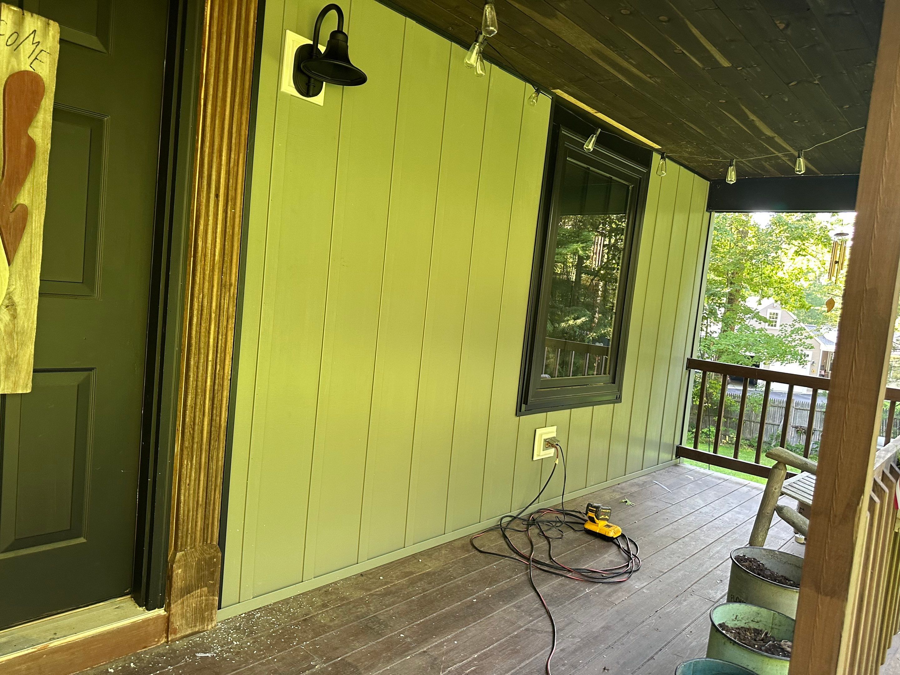 Sage Green Board and Batten Siding and Deck Upgrade in Standish by Tall pine roofing