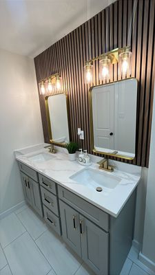 Houston Bathroom Renovation Featuring Custom Wood Slats