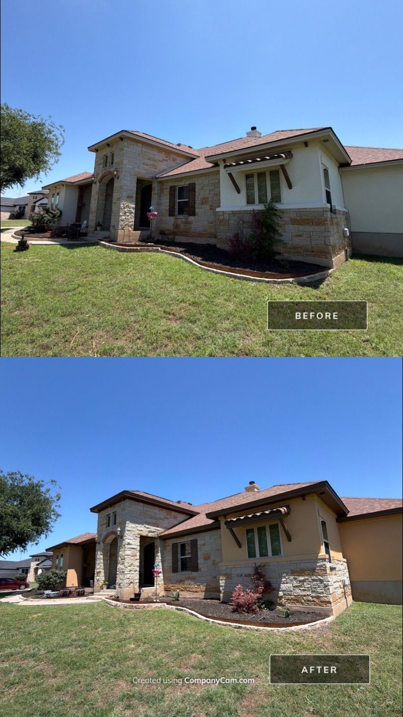 Before and after photo of exterior stucco and trim painting on a home in Liberty Hill, TX