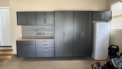 Trevor F. got a workbench with his garage cabinets. 