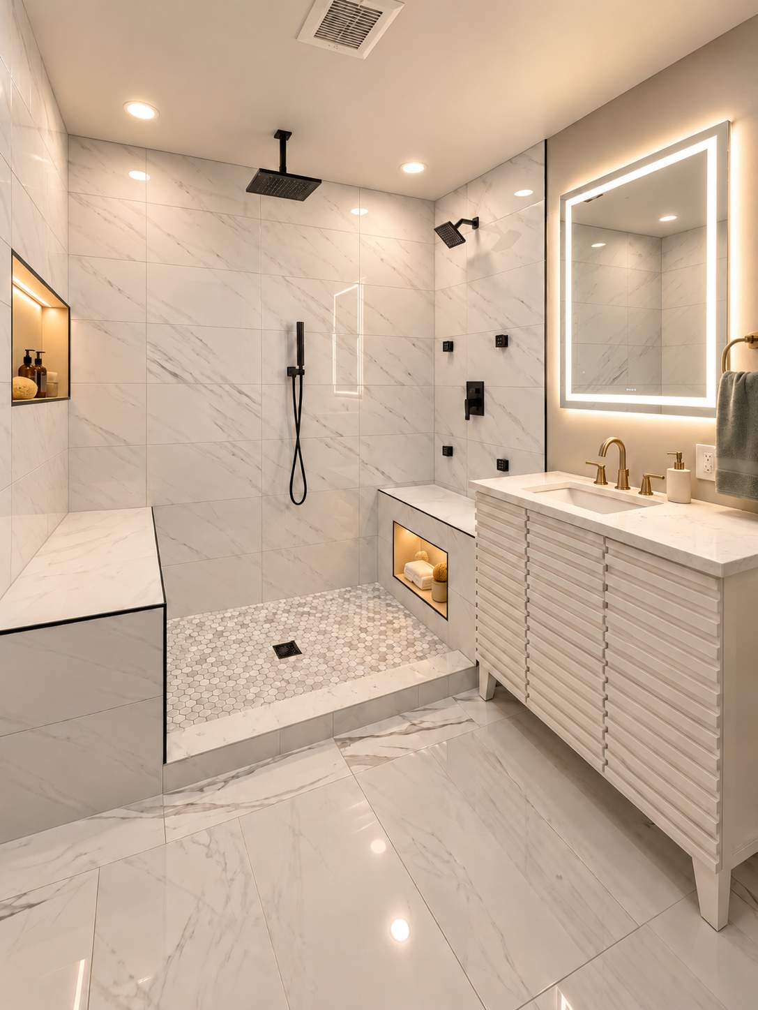Luxury Walk-In Shower Remodel with Marble Tile & Matte Black Fixtures by Remodel Now