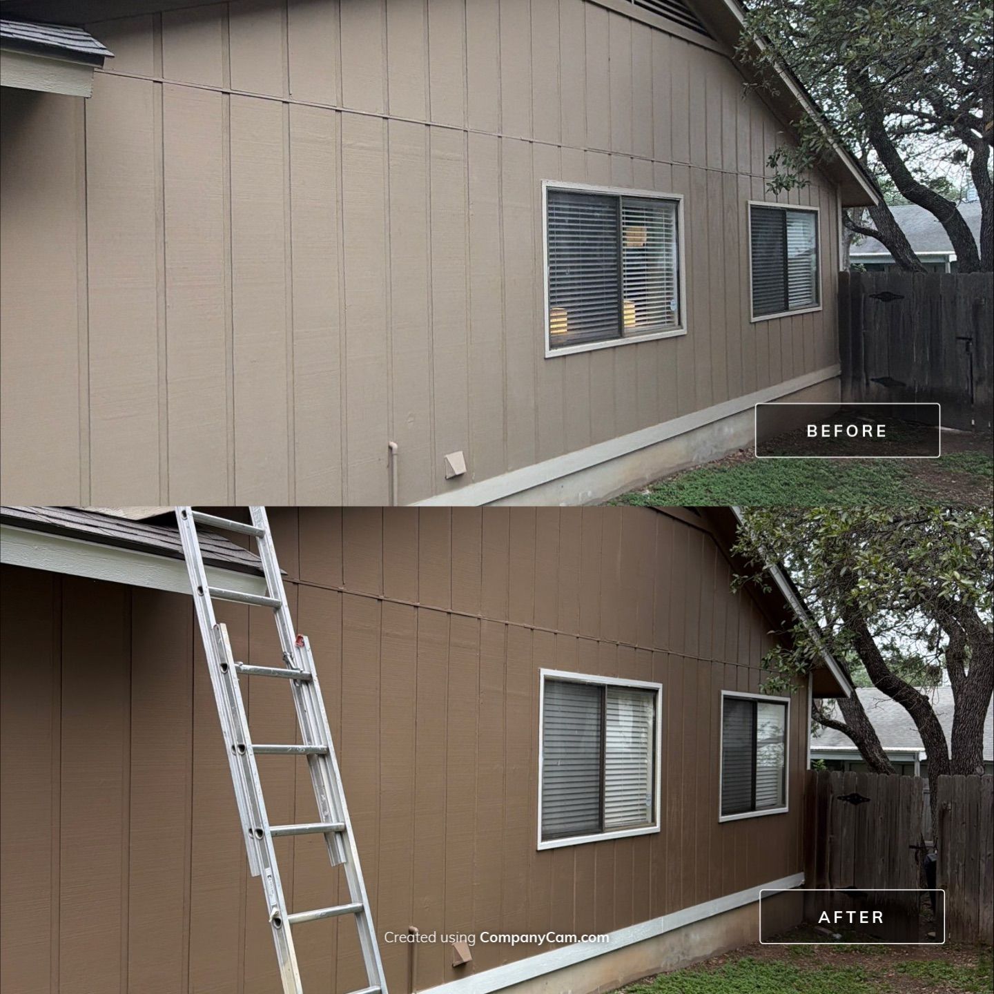 Before and after photo of a side exterior elevation repainted by Hill Country Painting in Austin, TX