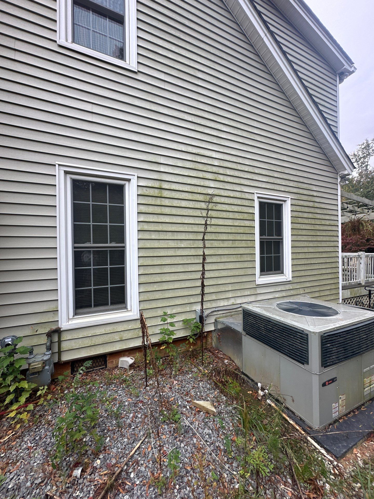 cleaning mold and dirt from the exterior siding and windows using pressure washing techniques on the house