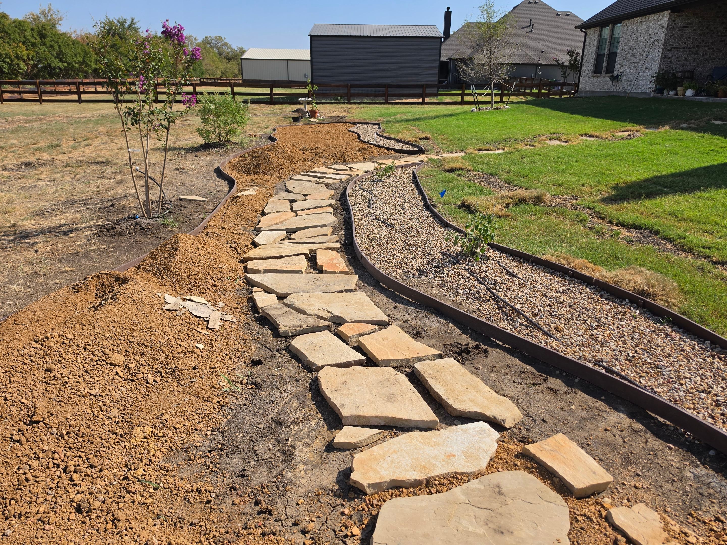 Argyle Residential Landscape Installation with Flagstone Path and Outdoor Seating by Conserva Irrigation NW Dallas