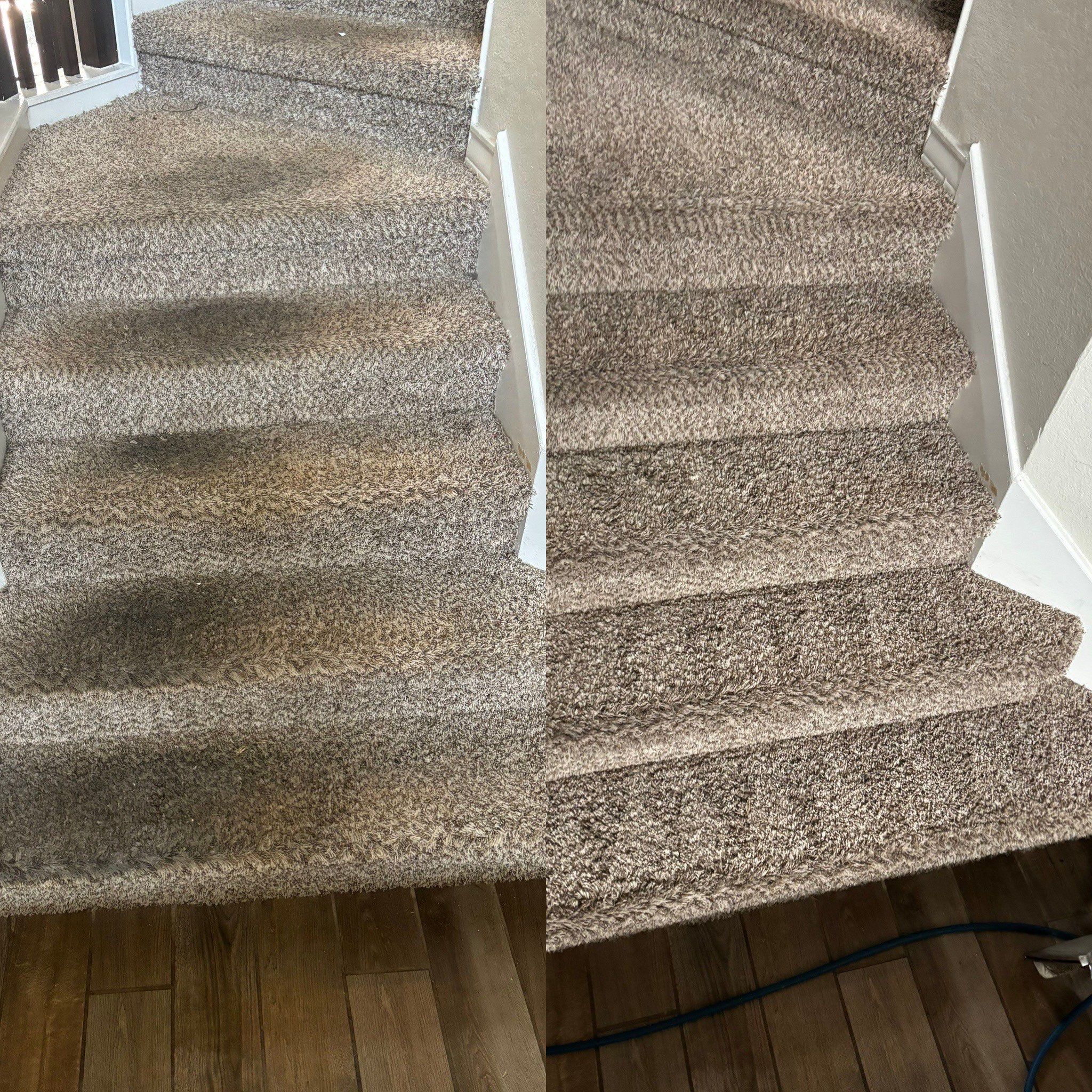 the service being done is deep cleaning of carpet on stairs removing stains and dirt for a refreshed appearance