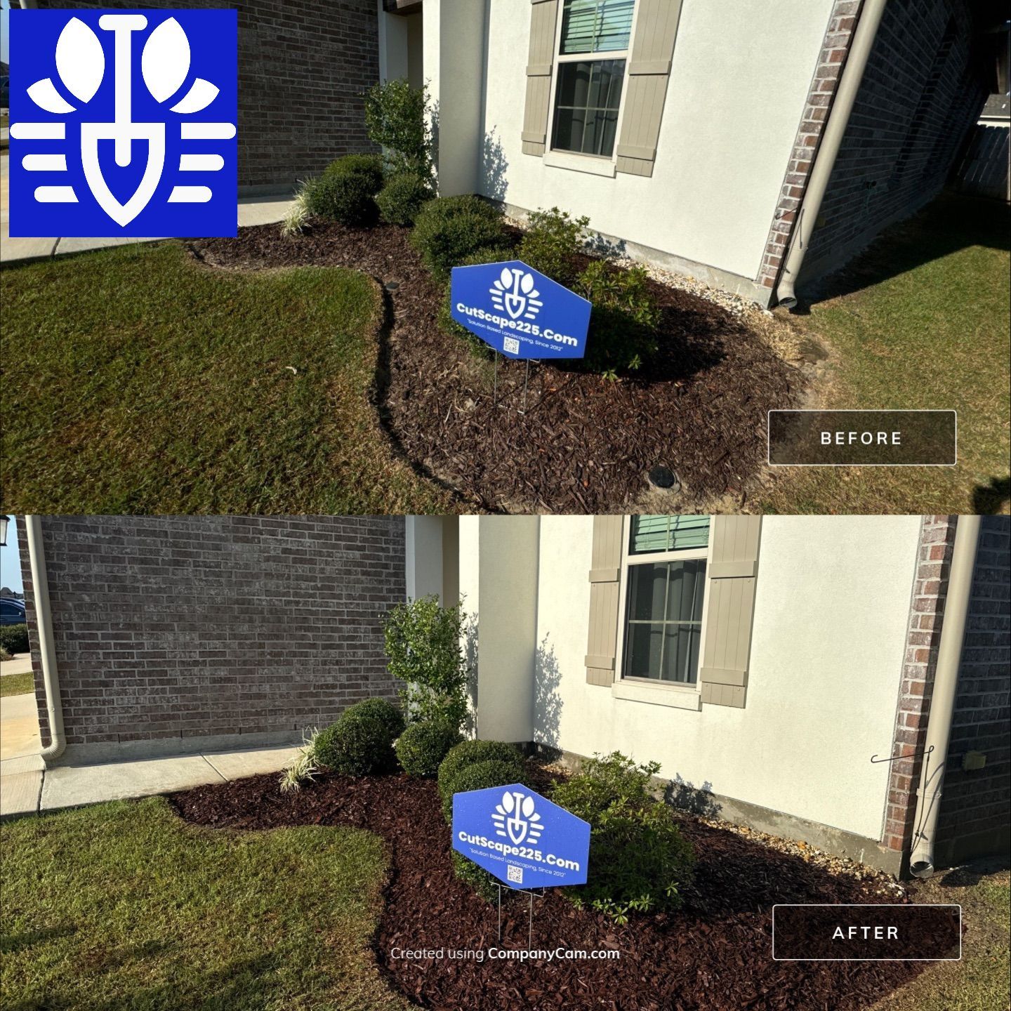 LANDSCAPE SERVICES: DEMO / BED PREP / CUT IN BED EDGES / MULCH INSTALL using BROWN MULCH "BARK BRITE" by CutScape, LLC.