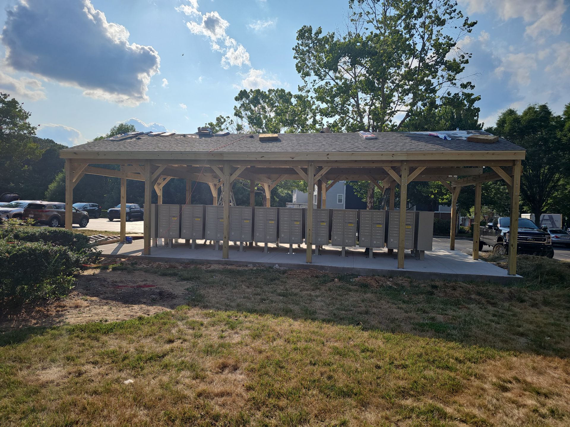 Custom Timber Frame Pavilion for Cluster Mailbox Units in Raleigh by Billy Weatherspoon Contractor