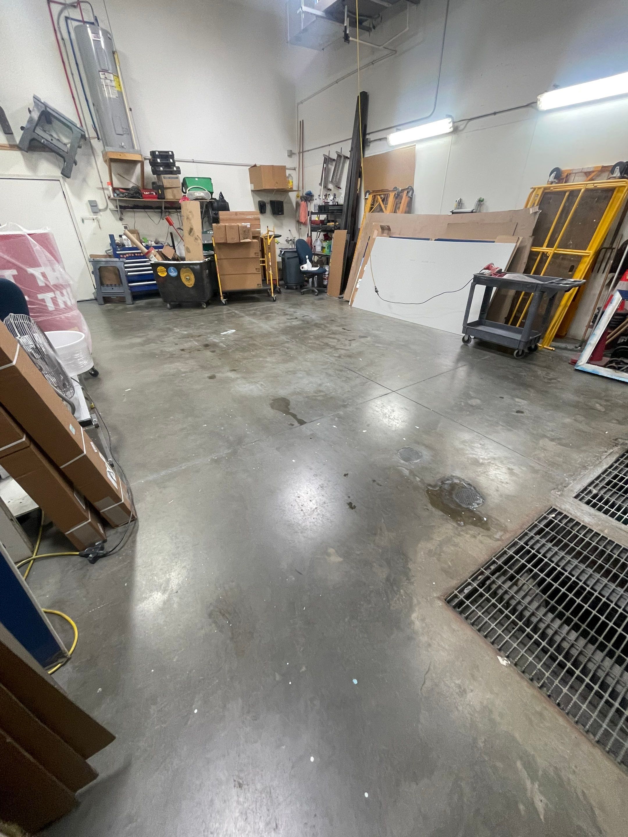 Commercial Grey Speckled Epoxy Floor Coating for Industrial Workshop by Select Painting, Coatings & Garage Cabinets