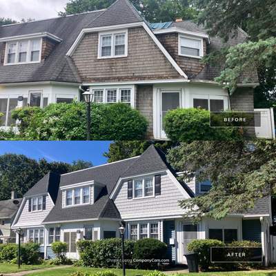 Siding using Cert. Monogram D/4 x 12'6" Clapboard, Wedgewood Blue and Cedar Impressions D/7 in Sterling Gray