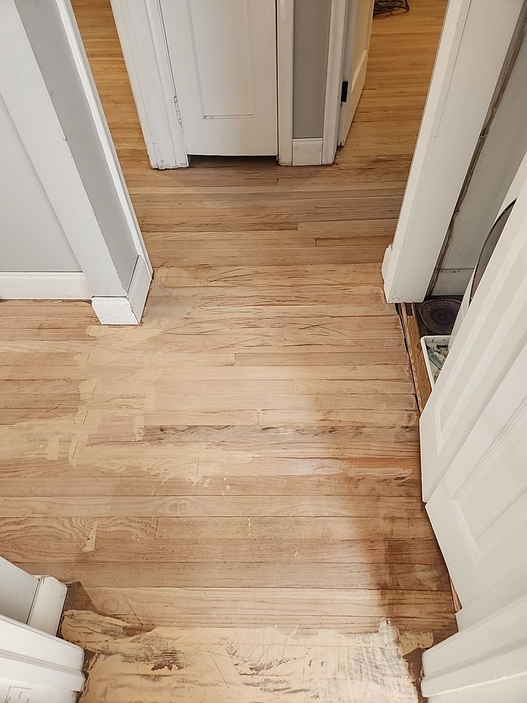 Sand & Refinish Red Oak with Duraseal Jacobean and Bona Mega Satin Finish using Dureaseal Jacobean and Bona Mega by Footprints Floors Morristown