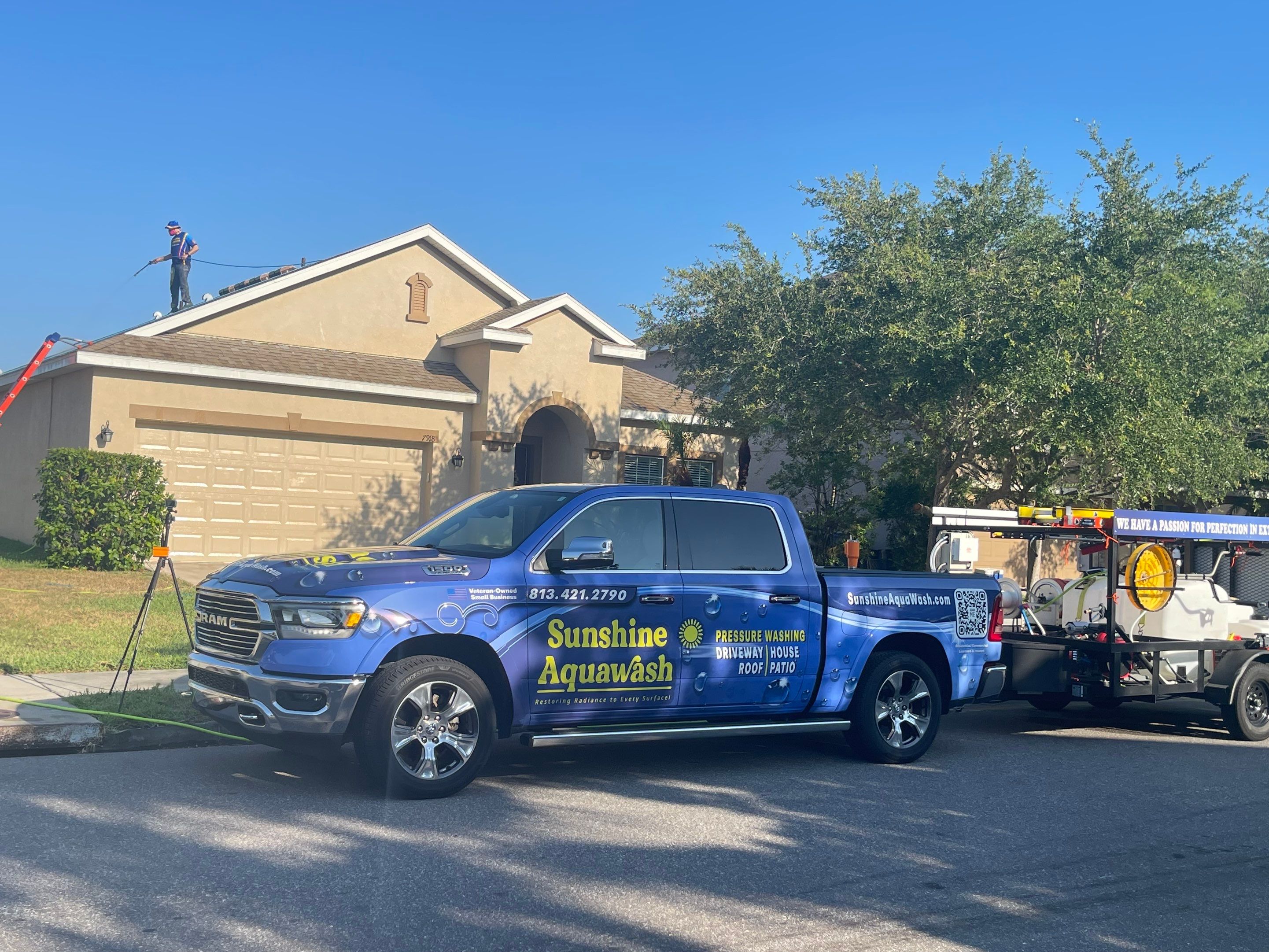 Asphalt Shingle Roof Soft Wash Cleaning & Concrete Pressure Washing in CopperStone Community, Parrish, FL by Sunshine AquaWash