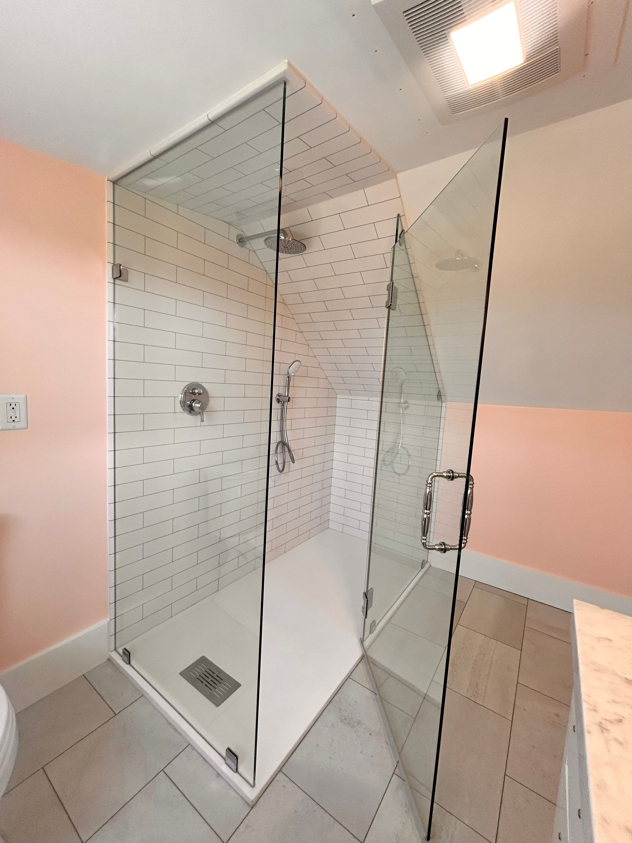 Floor-to Ceiling Shower using Tempered Shower Glass by Cheshire Glass Company