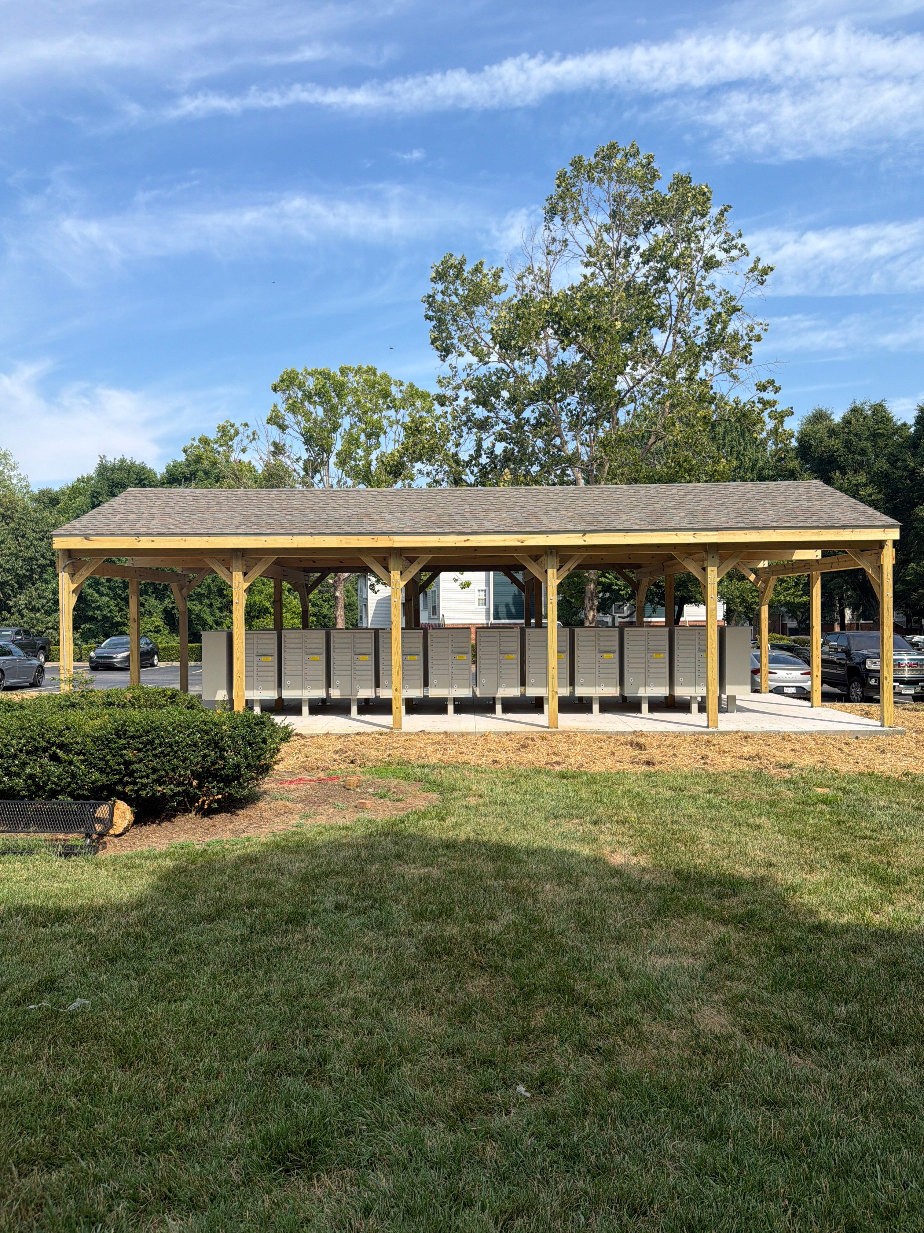Custom Timber Frame Pavilion for Cluster Mailbox Units in Raleigh by Billy Weatherspoon Contractor