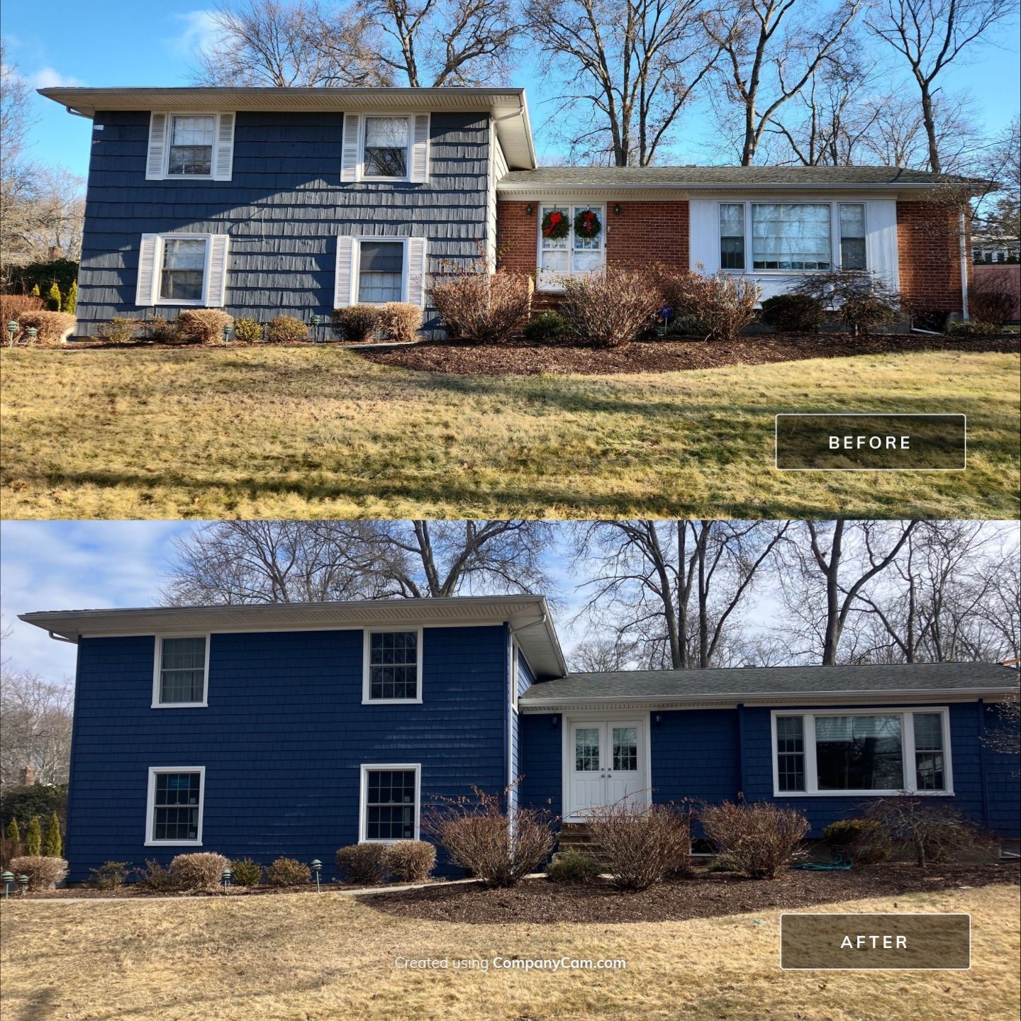 Elevated Siding with Cert Cedar Impressions D/7 Perfection straight bottom, Midnight Blue and Cert Monogram D/4 x 25' clapboard, Midnight Blue by DiGiorgi Roofing and Siding Inc