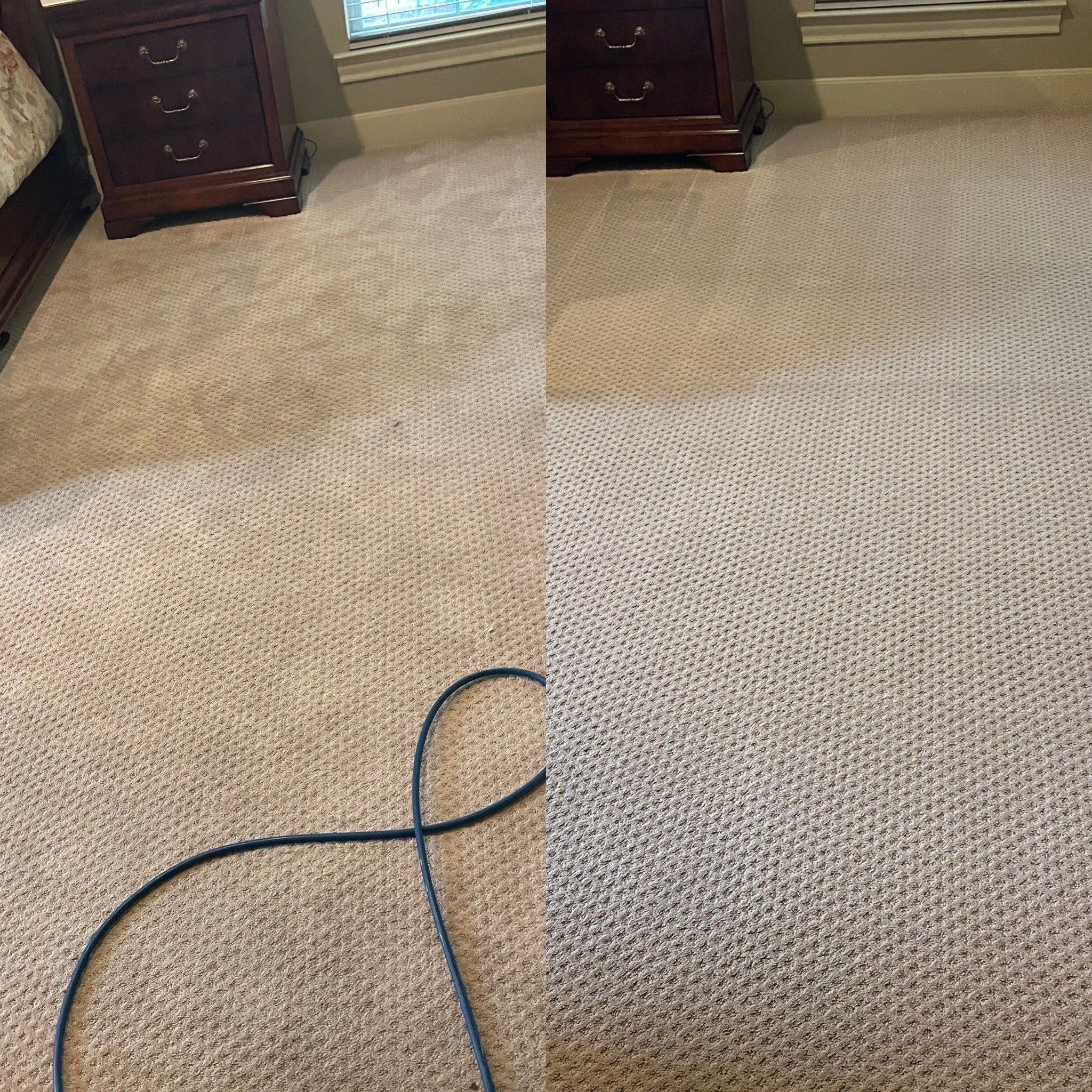 the service being done is carpet cleaning with visible before and after results showing improved cleanliness and freshness of the carpet