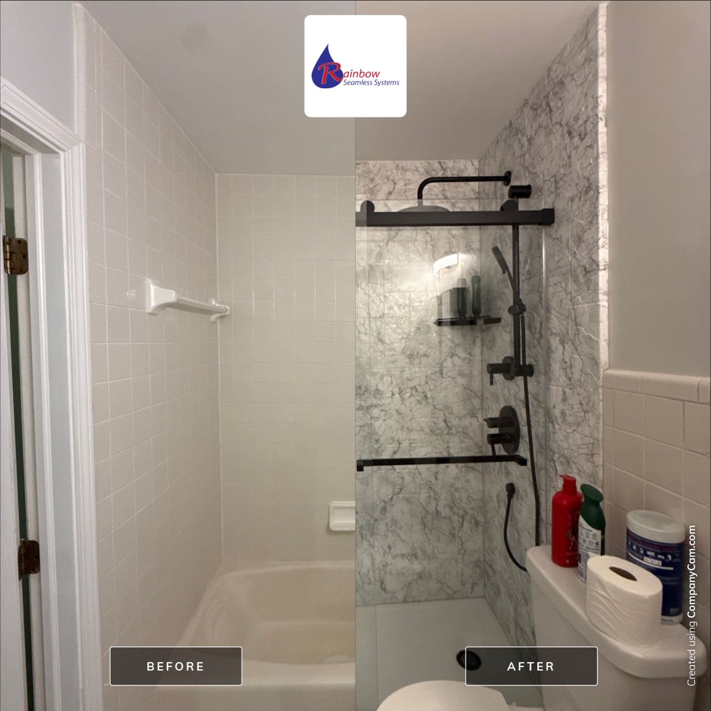 Tub-to-Shower Conversion in Traverse City Featuring Marble Pattern Wall Panels by Rainbow Seamless Systems