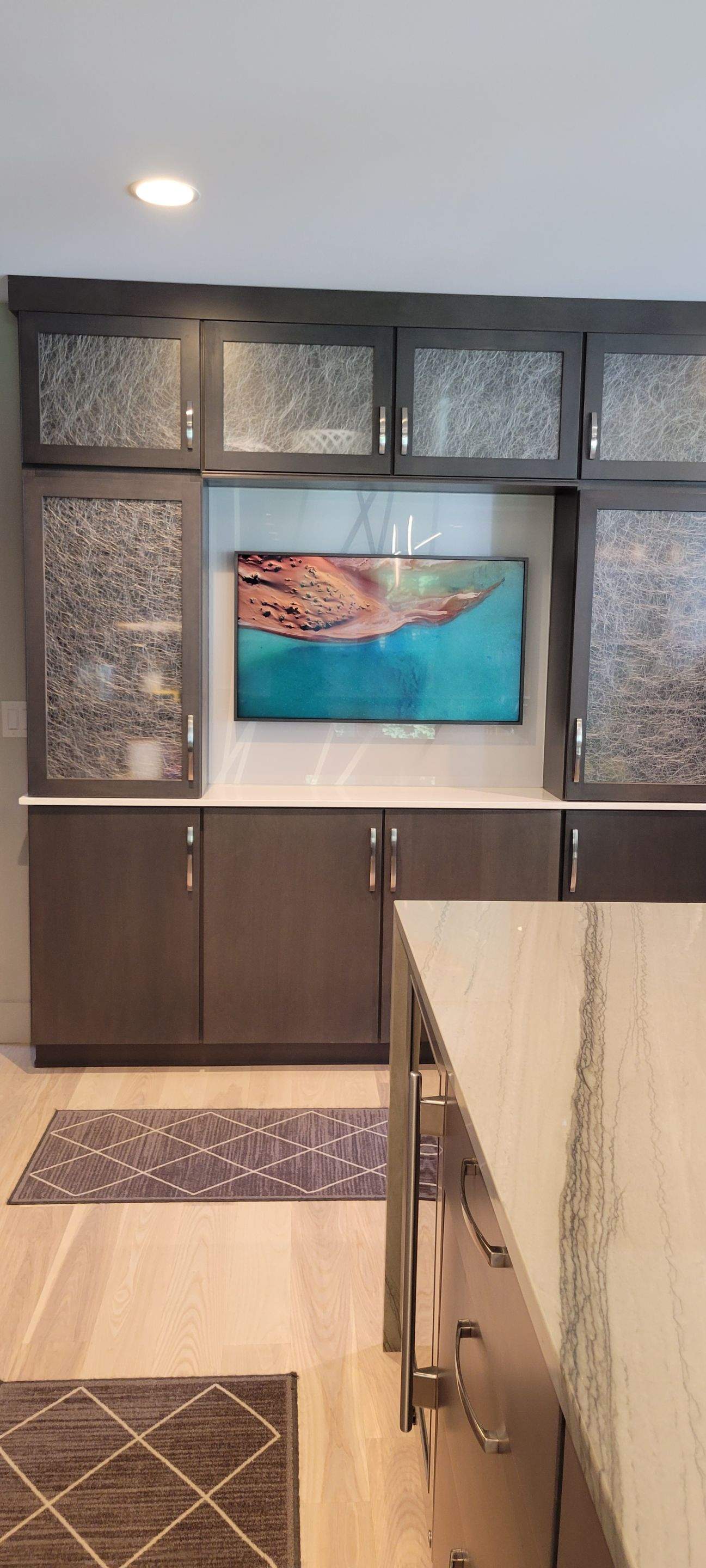 Kitchen Remodel using IMAGIO Misty Curves Solid Glass Backsplash by IMAGIO