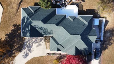 Residential Roofing Install - Green Atlas Pinnacle Pristine Shingles - White Gutters & Downspouts 