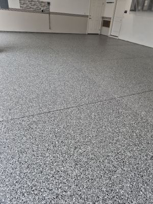 Full Garage Floor Transformation in Smoke 1/4" Flake Finish
