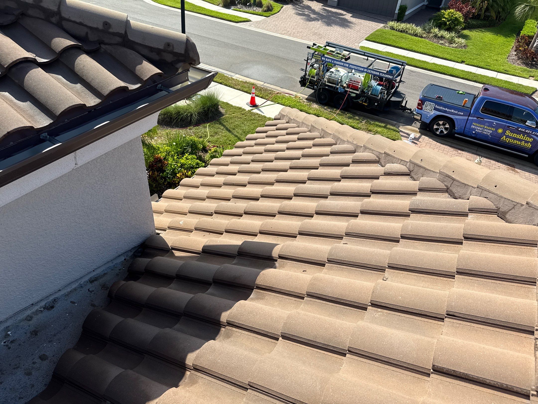 Soft Wash Roof Cleaning – Concrete Tile Roof | Artisan Lakes Esplanade, Palmetto, FL by Sunshine AquaWash