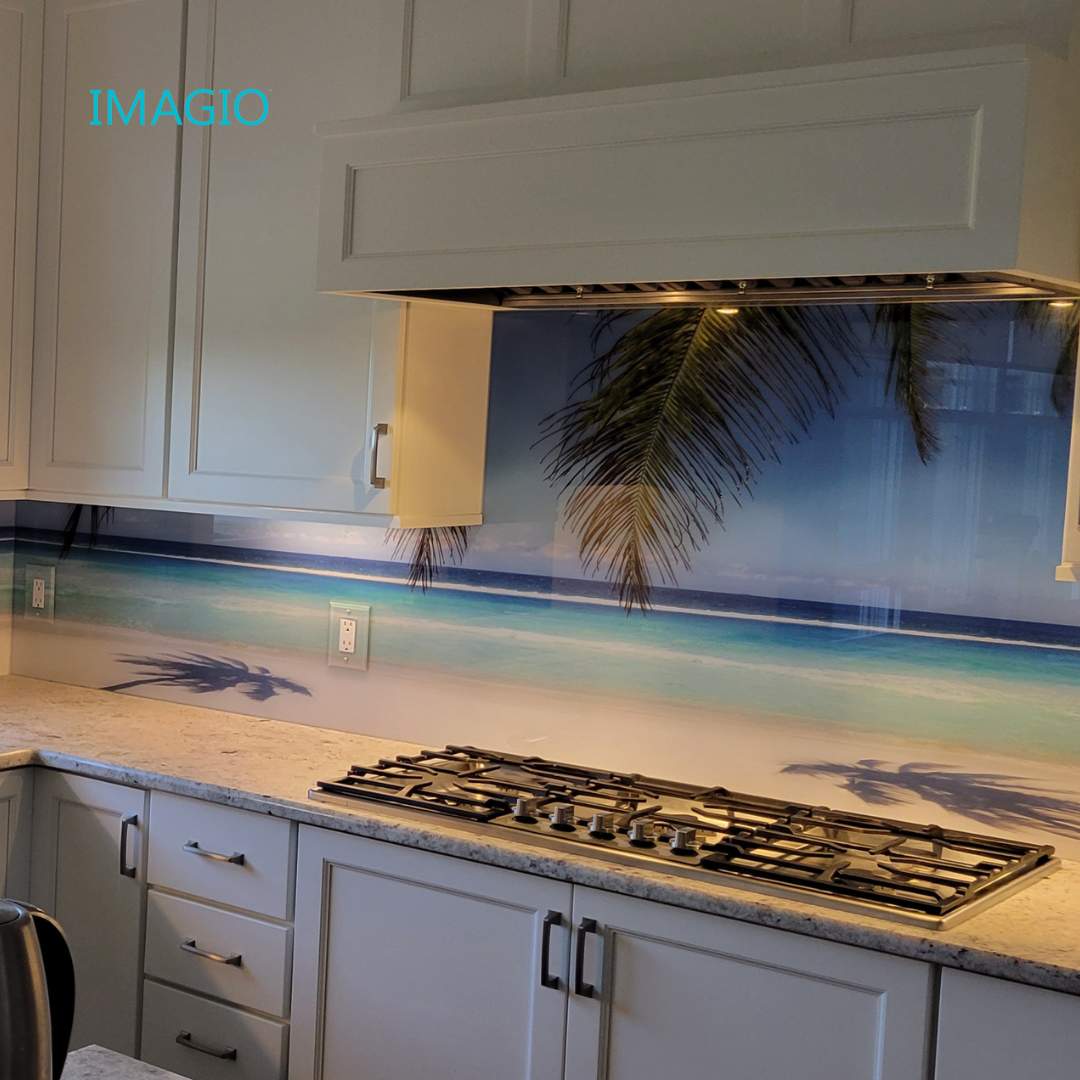 Kitchen Remodel using IMAGIO Mountains & Tropics Solid Glass Backsplash by IMAGIO