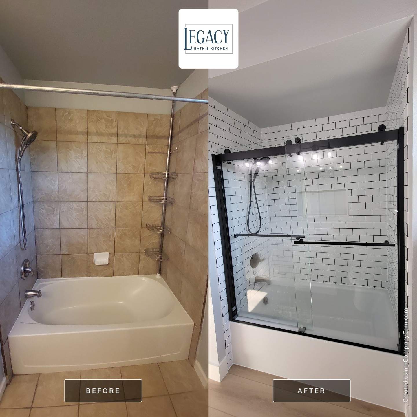 Stone Oak Bathroom Refresh with Modern Subway Tile Before and After by Legacy Bath and Kitchen