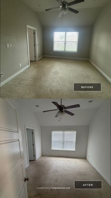Before and after photo of a master bedroom repainted by Hill Country Painting in Manchaca, TX