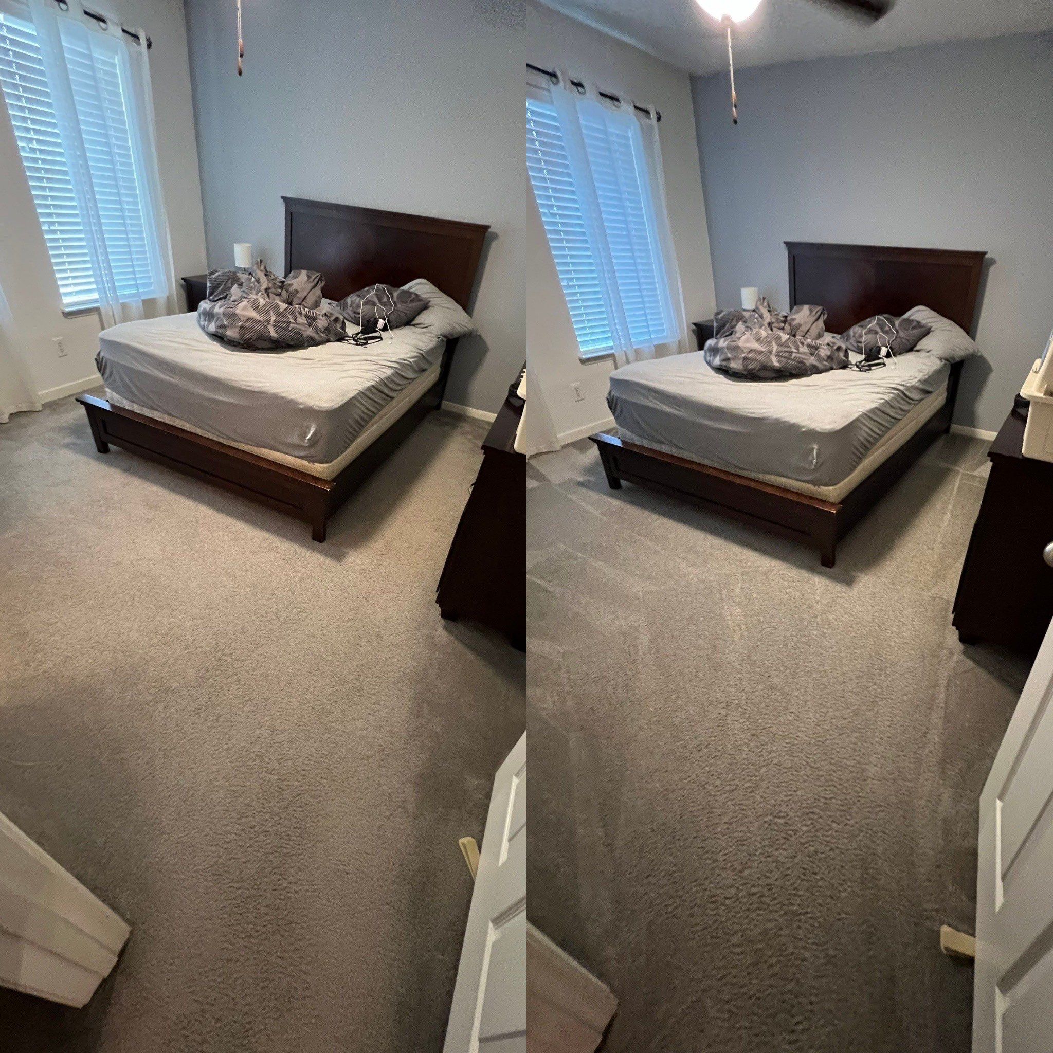 the image shows carpet cleaning service in a bedroom resulting in a visibly cleaner and refreshed carpet surface