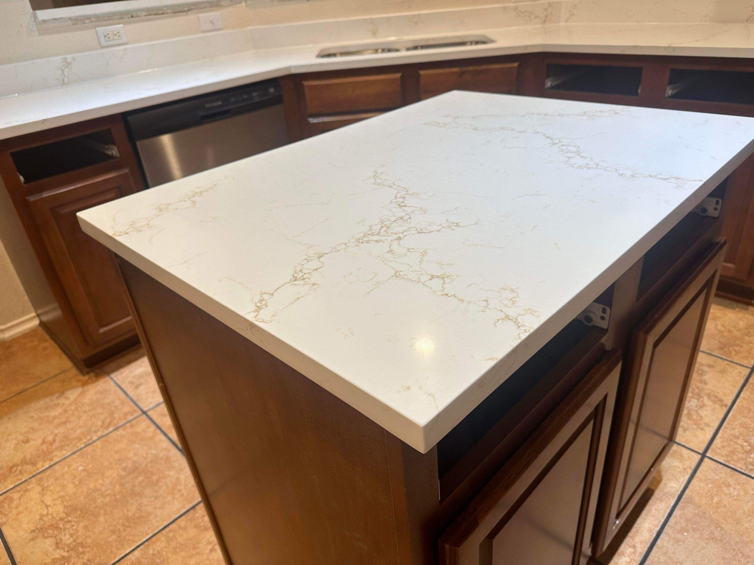 Rainier Gold White Quartz Countertop Installation and Kitchen Upgrade by Mena stone surfaces