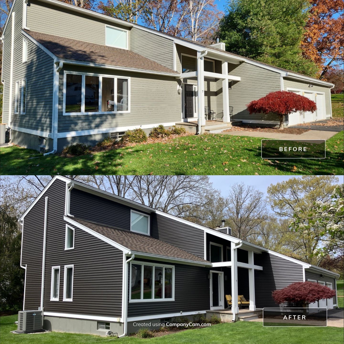 Siding transformation with Cert Monogram D/4 x16'8" clapboard Slate & Cert Monogram D/4 x 25' clapboard Slate by DiGiorgi Roofing and Siding Inc