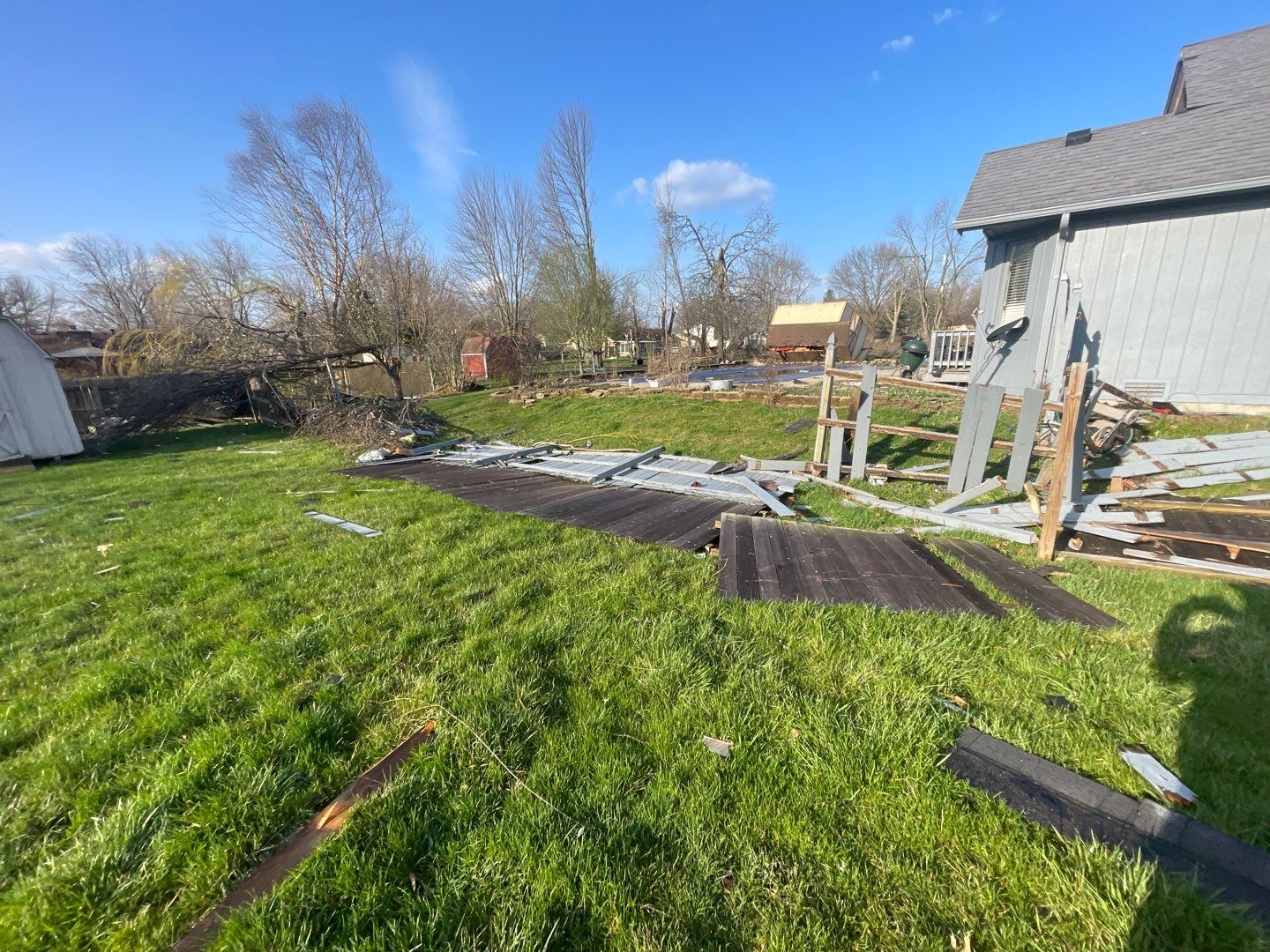 Tornado damage in Whiteland. Roof replacement, James Hardie siding, exterior paint, gutters, windows, doors by 317 Roofing & Restorations