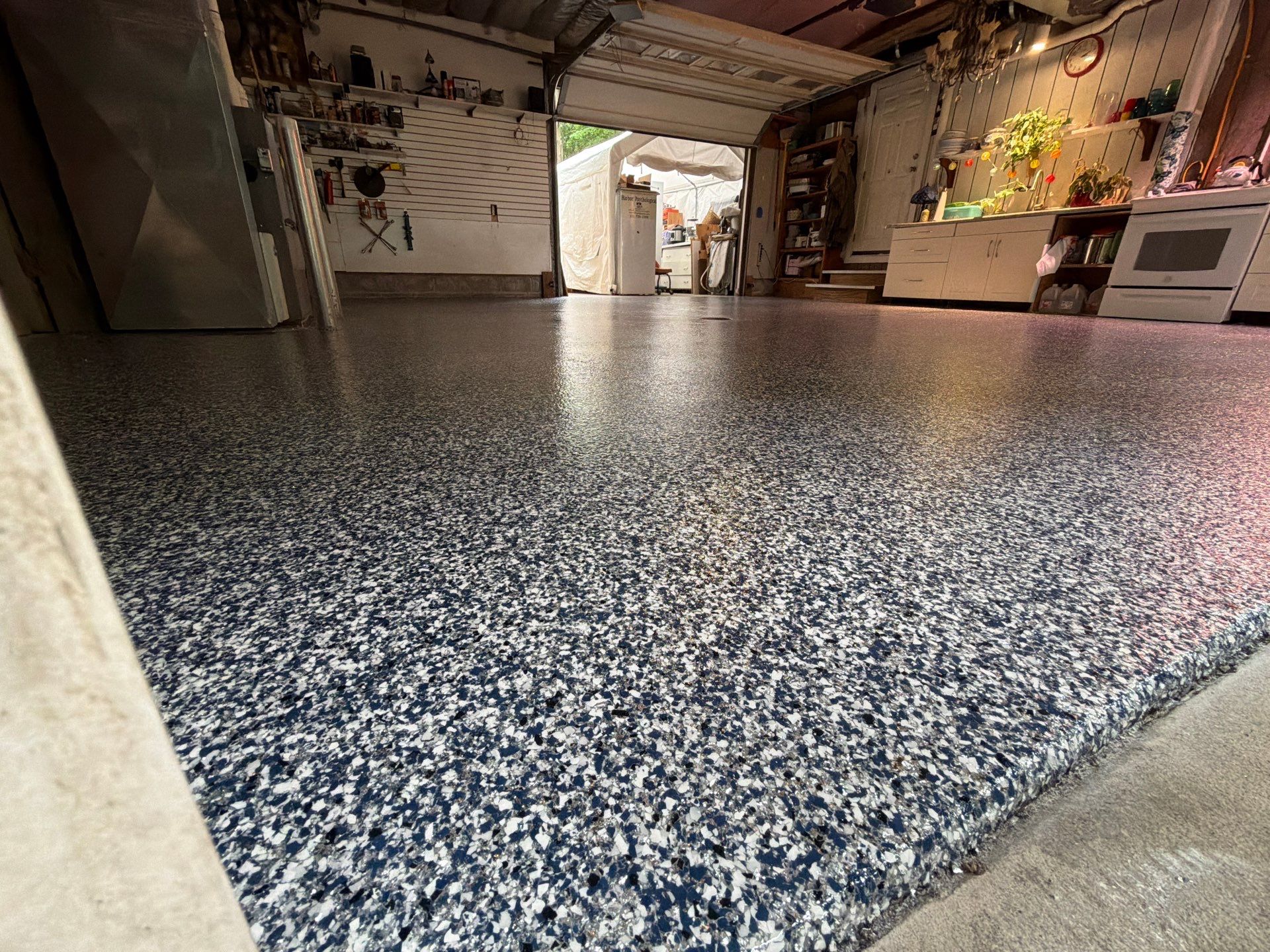 Custom Multi-Colored Epoxy Flake Garage Floor Coating in Montague by Gordon Painting