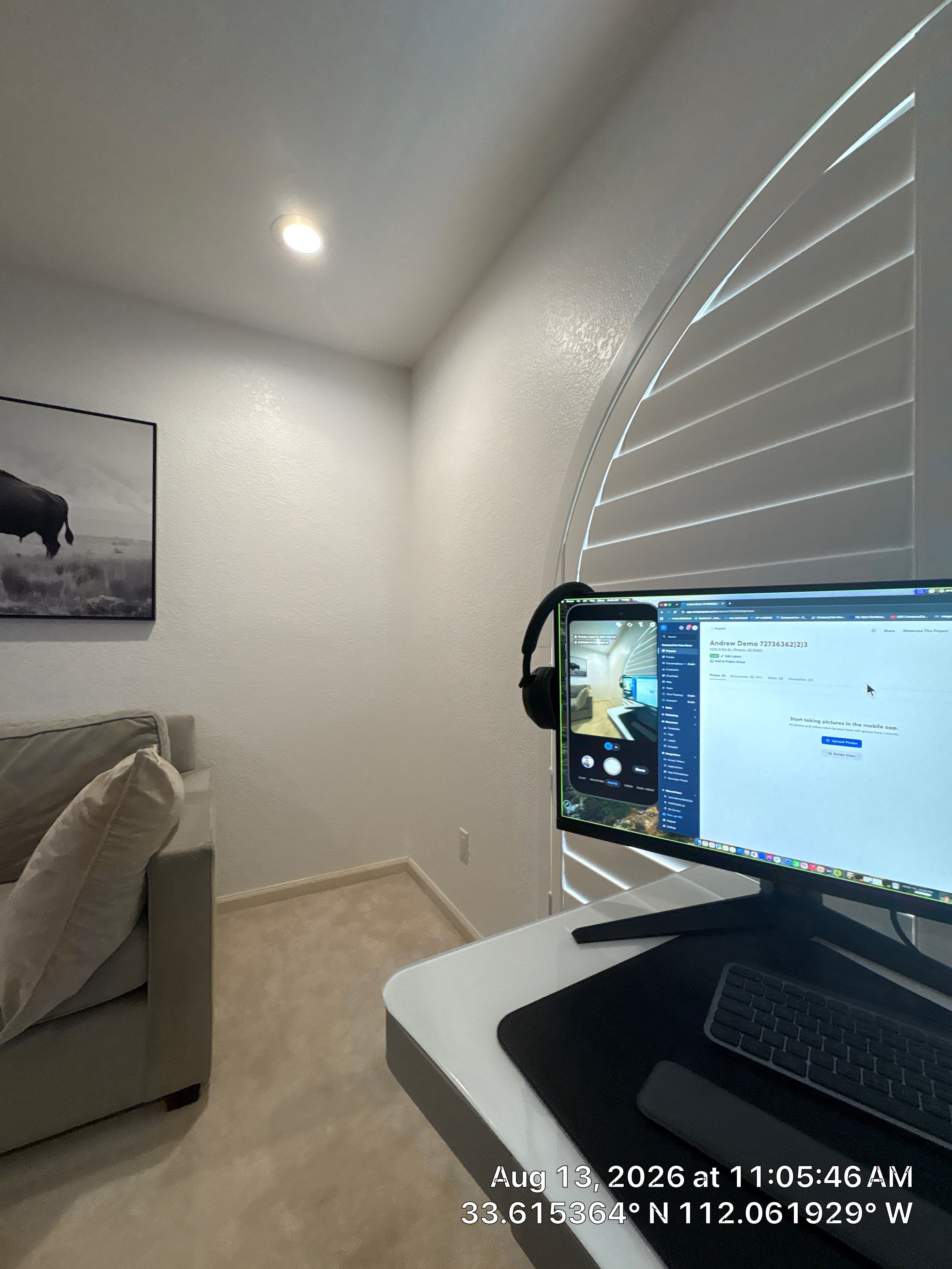 Phoenix Home Office Setup with Plantation Shutters and Media Wall by CompanyCam Sales Demo