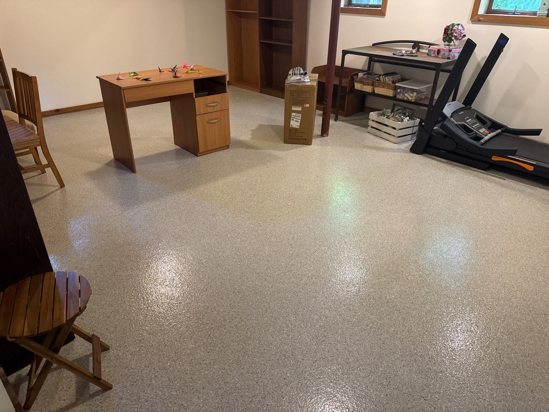 Basement Epoxy Flake Floor Installation and Surface Repair in Montague by Gordon Painting