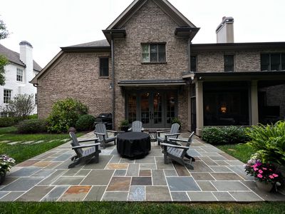 Atlanta French Door Installation with Custom Wood Overhang and Flagstone Patio