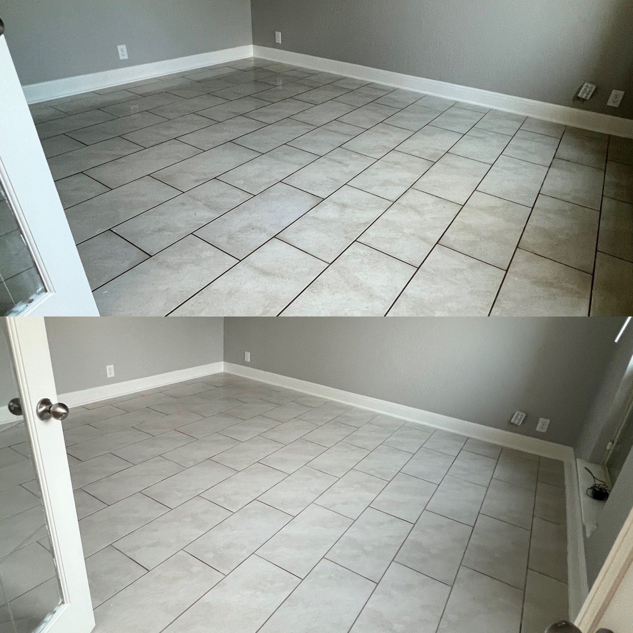 the service shown is tile floor cleaning making surfaces appear shiny and free of dirt and stains