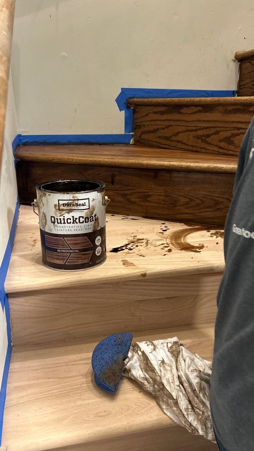 Parquet floor and stair treads by Footprints Floors of Nashville