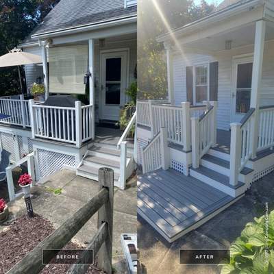 Front deck replacement, Trex tropical Island mist boards and matching cocktail rail, Lattice bottom with access door