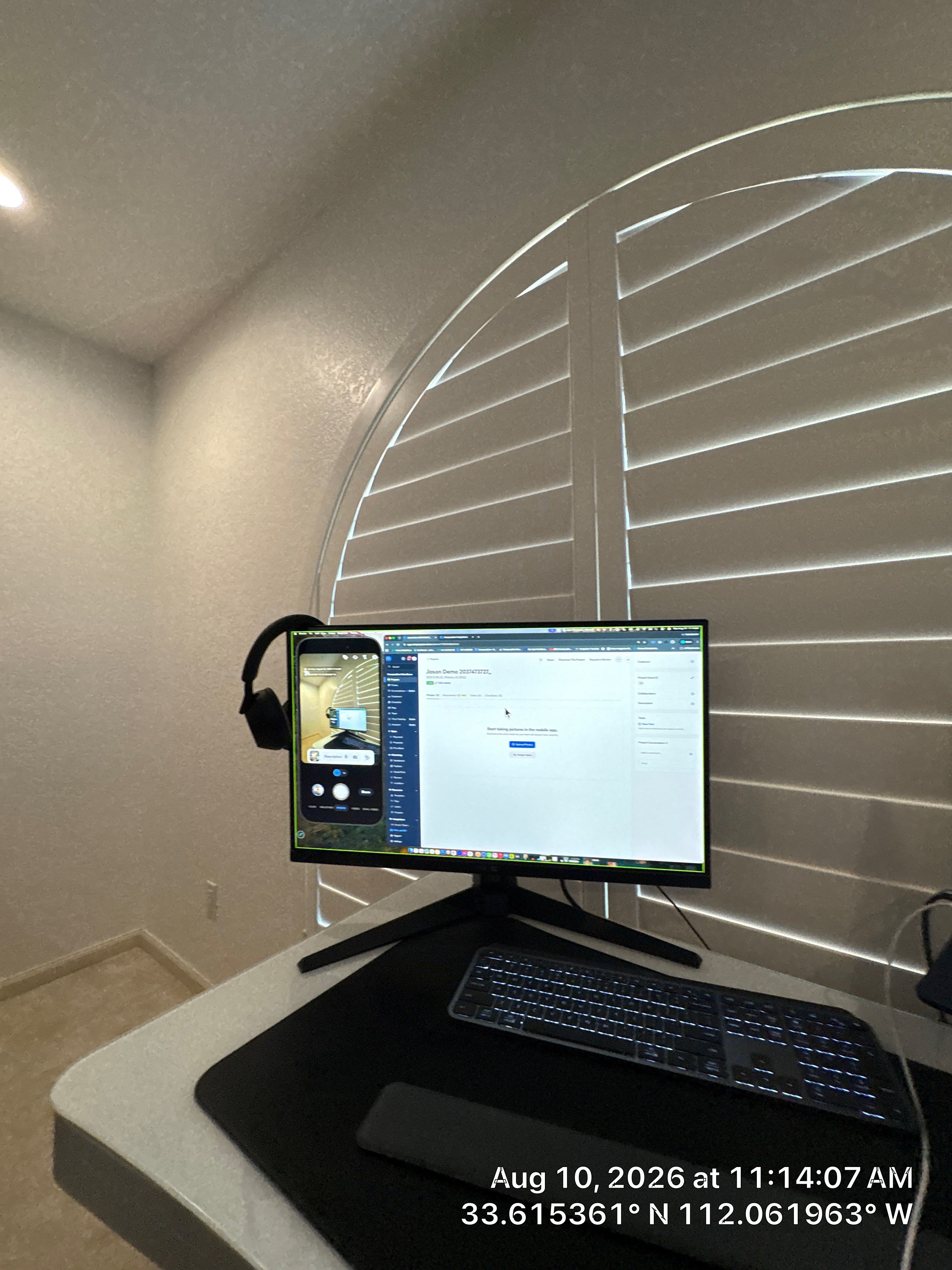 Home Office Setup with Arched Plantation Shutters in Phoenix by CompanyCam Sales Demo