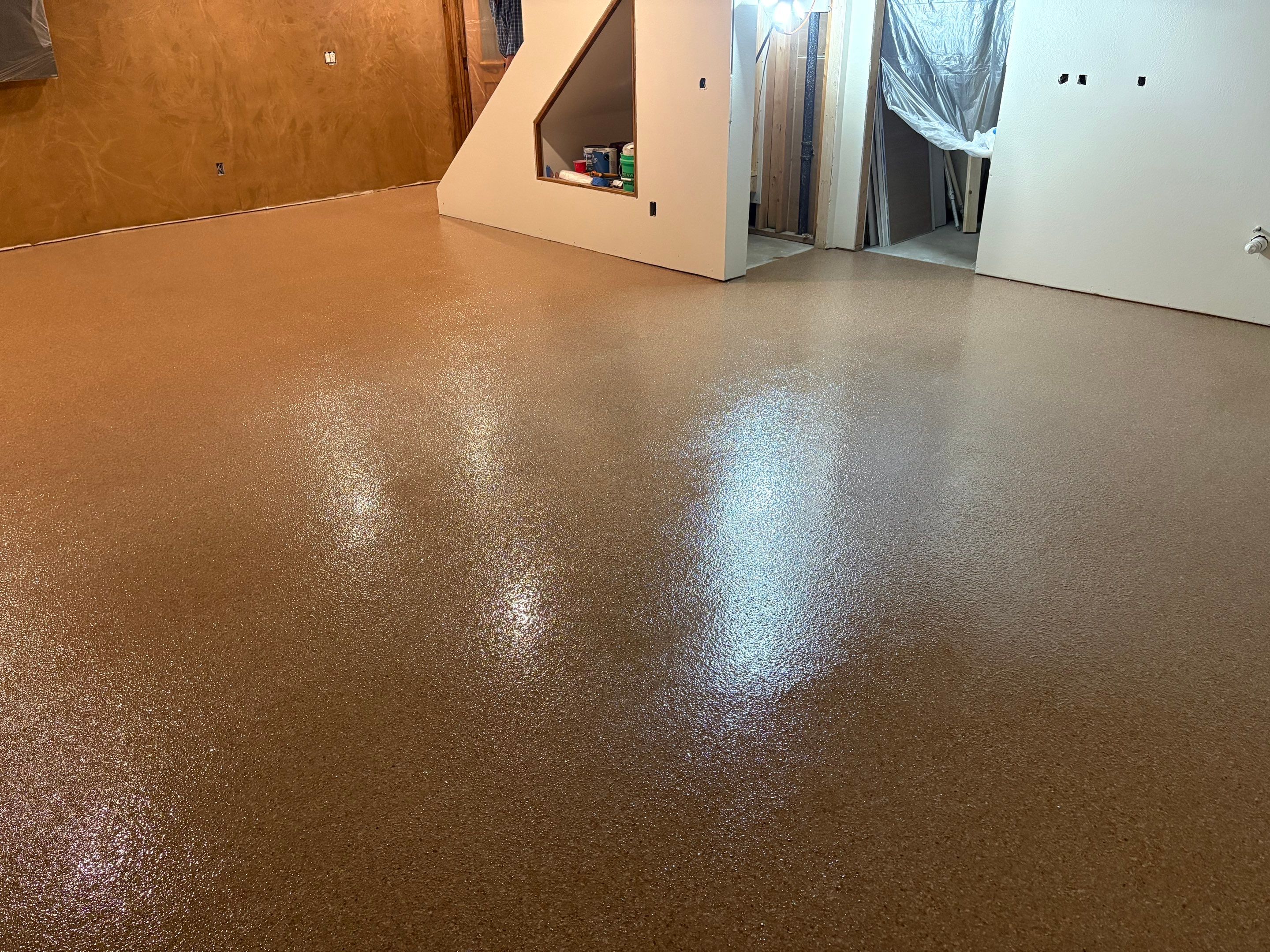 Custom Chip Concrete Coating for Colman Basement and Garage by Select Painting, Coatings & Garage Cabinets