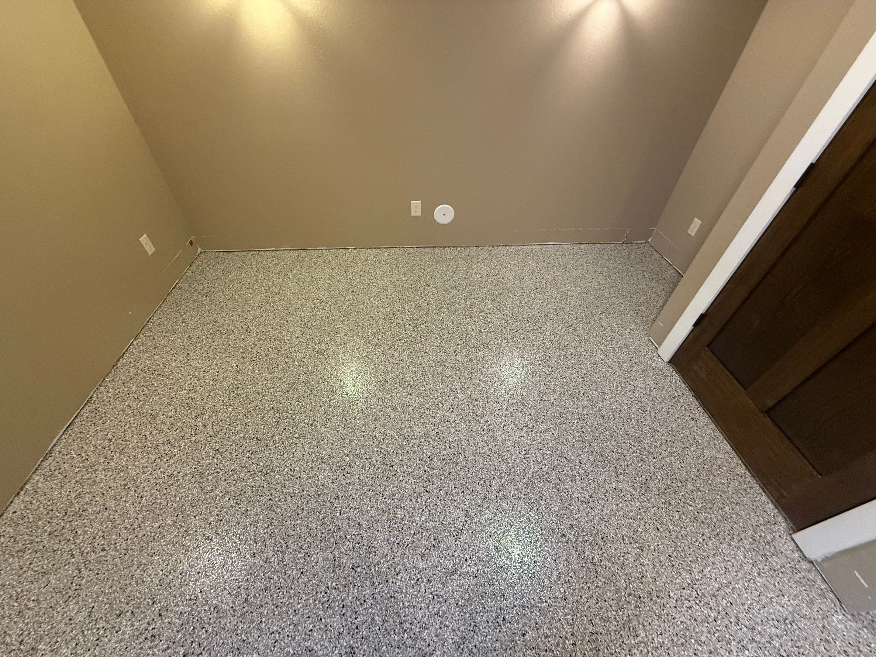 Decorative Flake Concrete Floor Coating for Larchwood Basement by Select Painting, Coatings & Garage Cabinets