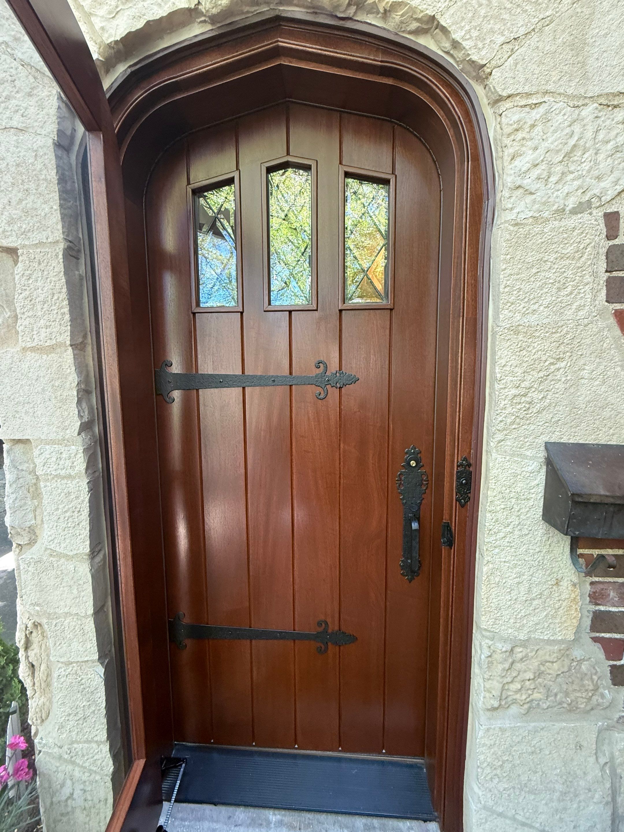 Custom Arched Wood Entry Door with Diamond Glass Replacement in Wilmette by Great American Exteriors