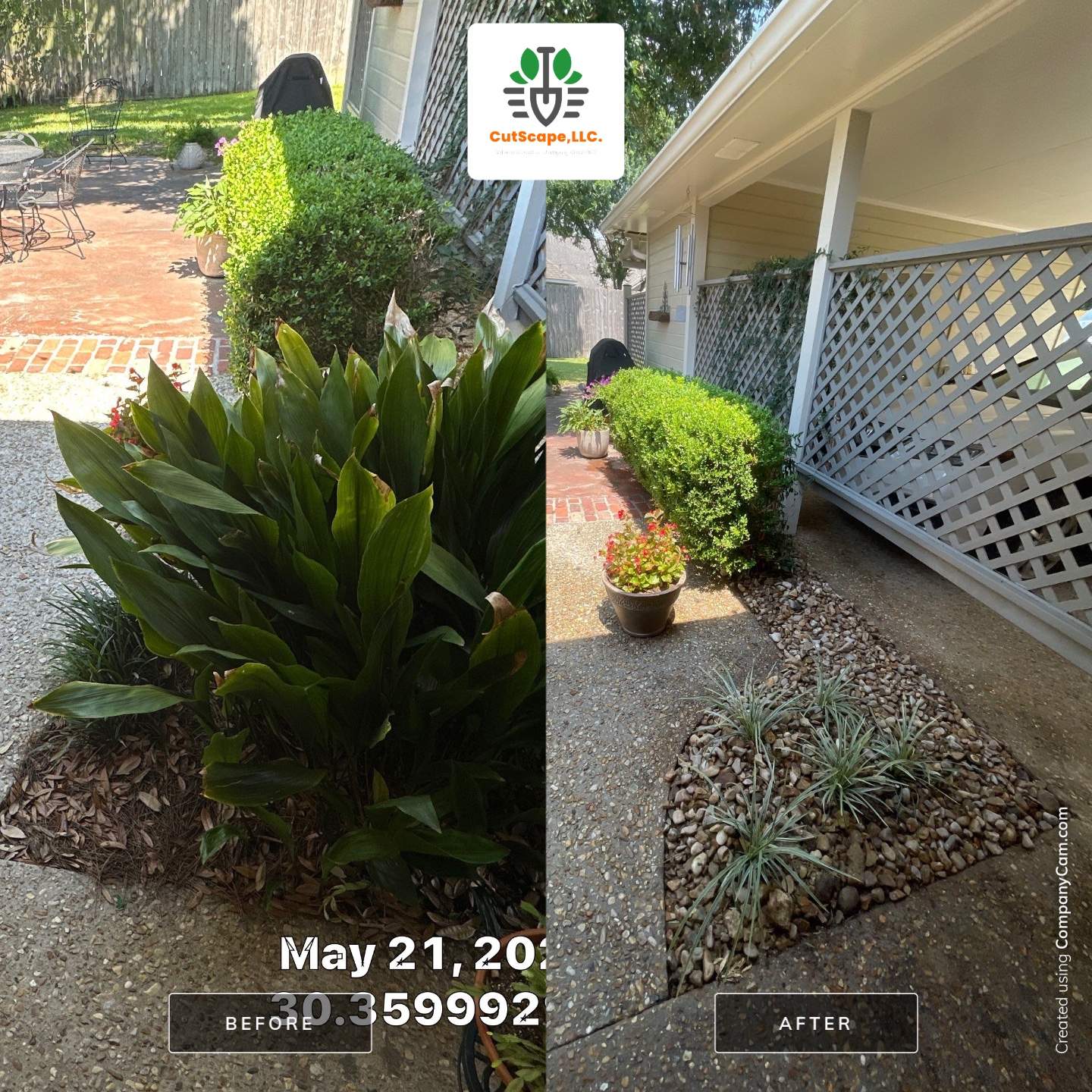 DEMO / BED PREP / CUT IN BED EDGES / MULCH INSTALL using BROWN MULCH "BARK BRITE" & ROAD ROCK by CutScape, LLC.
