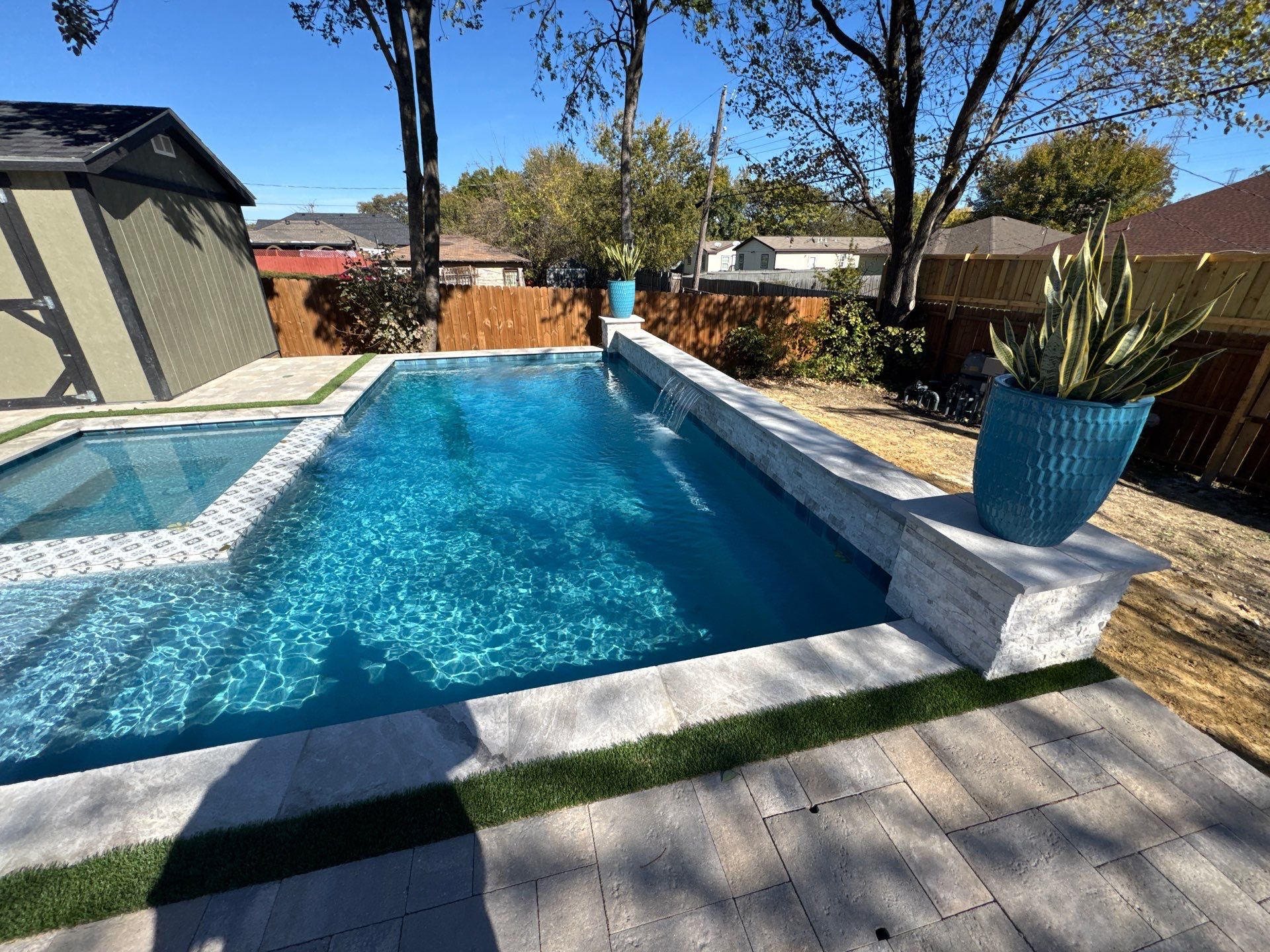 Geometric Pool and Spa with Designer Tile Wall by Pinnacle Pools and Spas - DFW