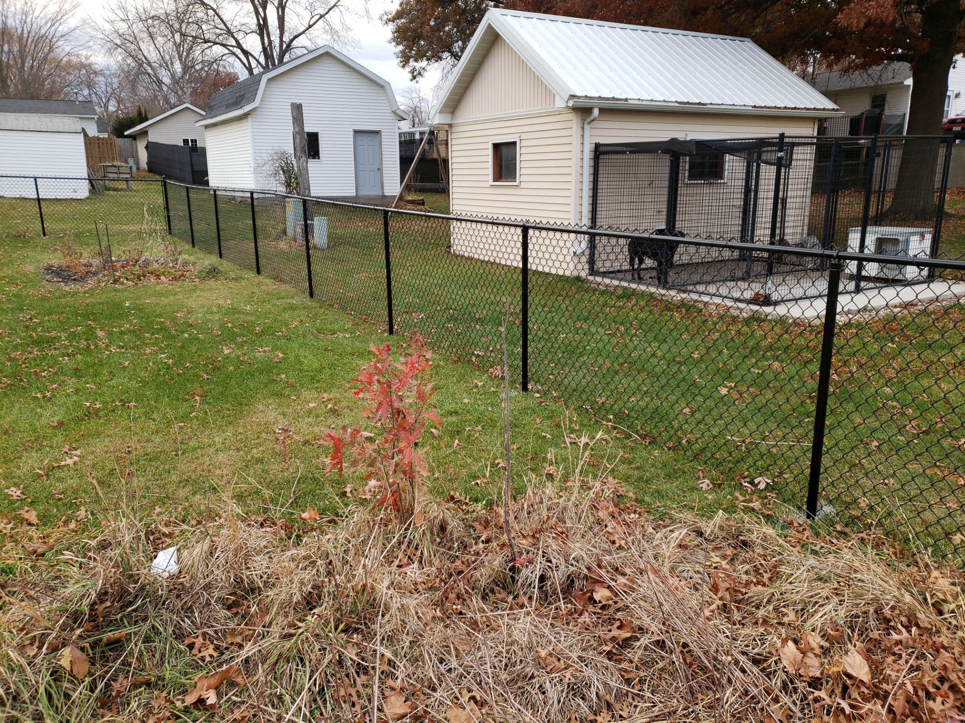 Residential Black Vinyl-Coated Chain Link Fence in Grundy Center by Perfect Picket Fence and Stain
