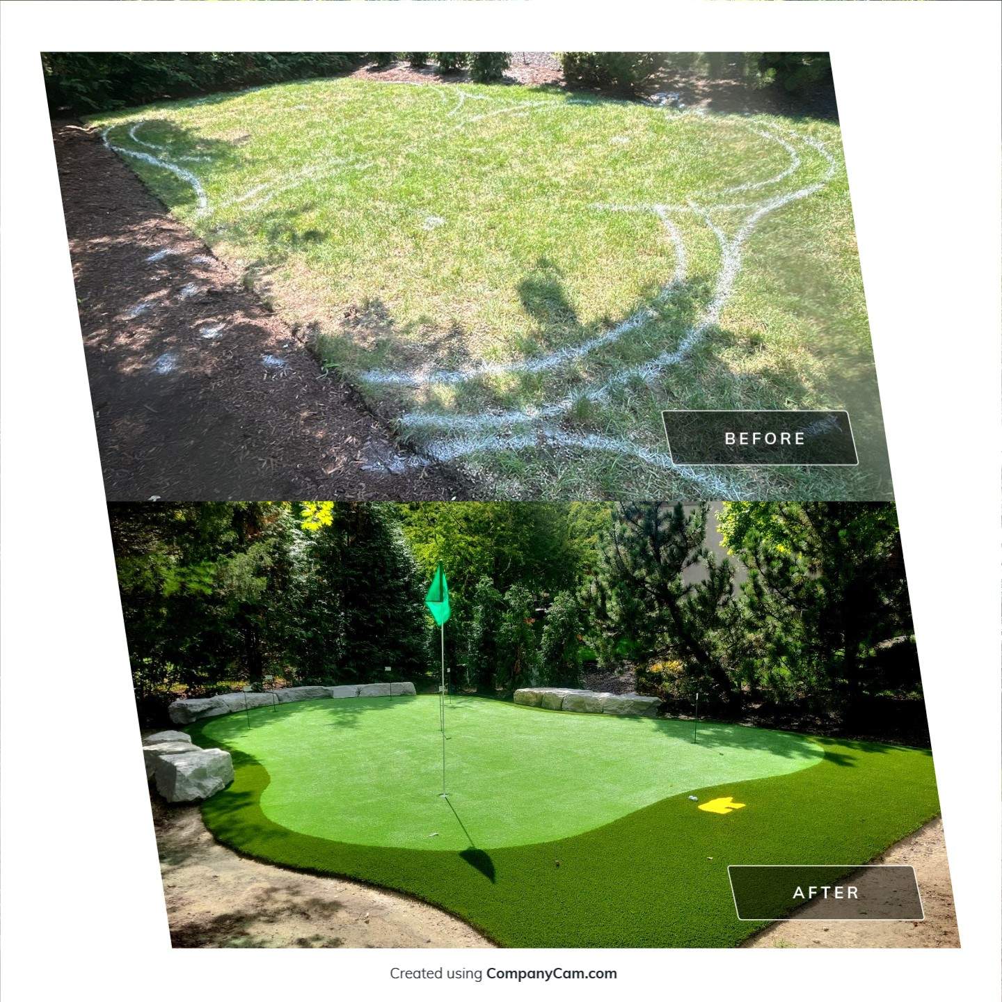 Custom Backyard Putting Green around Landscape Boulders in Hilliard by Southwest Greens Midwest
