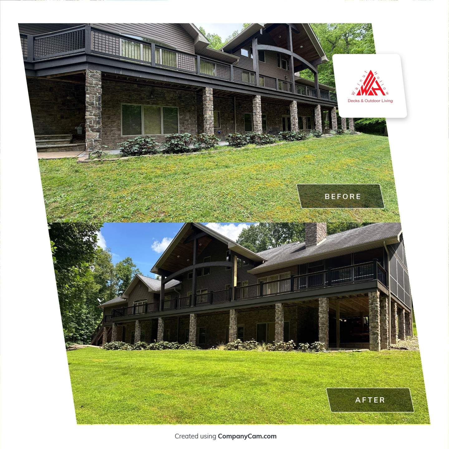 Custom Composite Deck Construction with Stone Pillars in Fayetteville by Walnut Hollow Decks & Outdoor Living