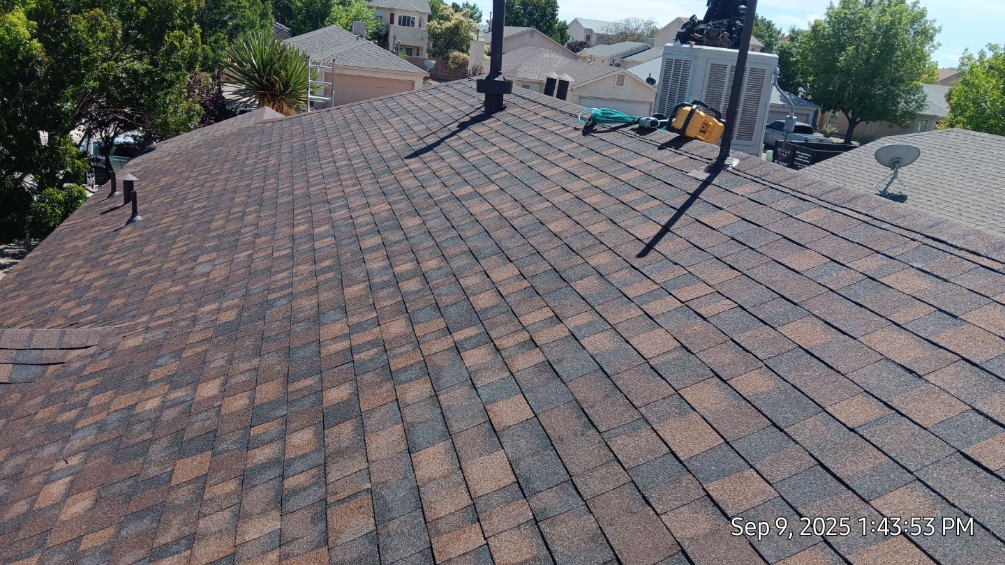 Owens Corning Brownwood Duration shingle roof replacement in Rio Rancho by Doyle Roof Masters Inc
