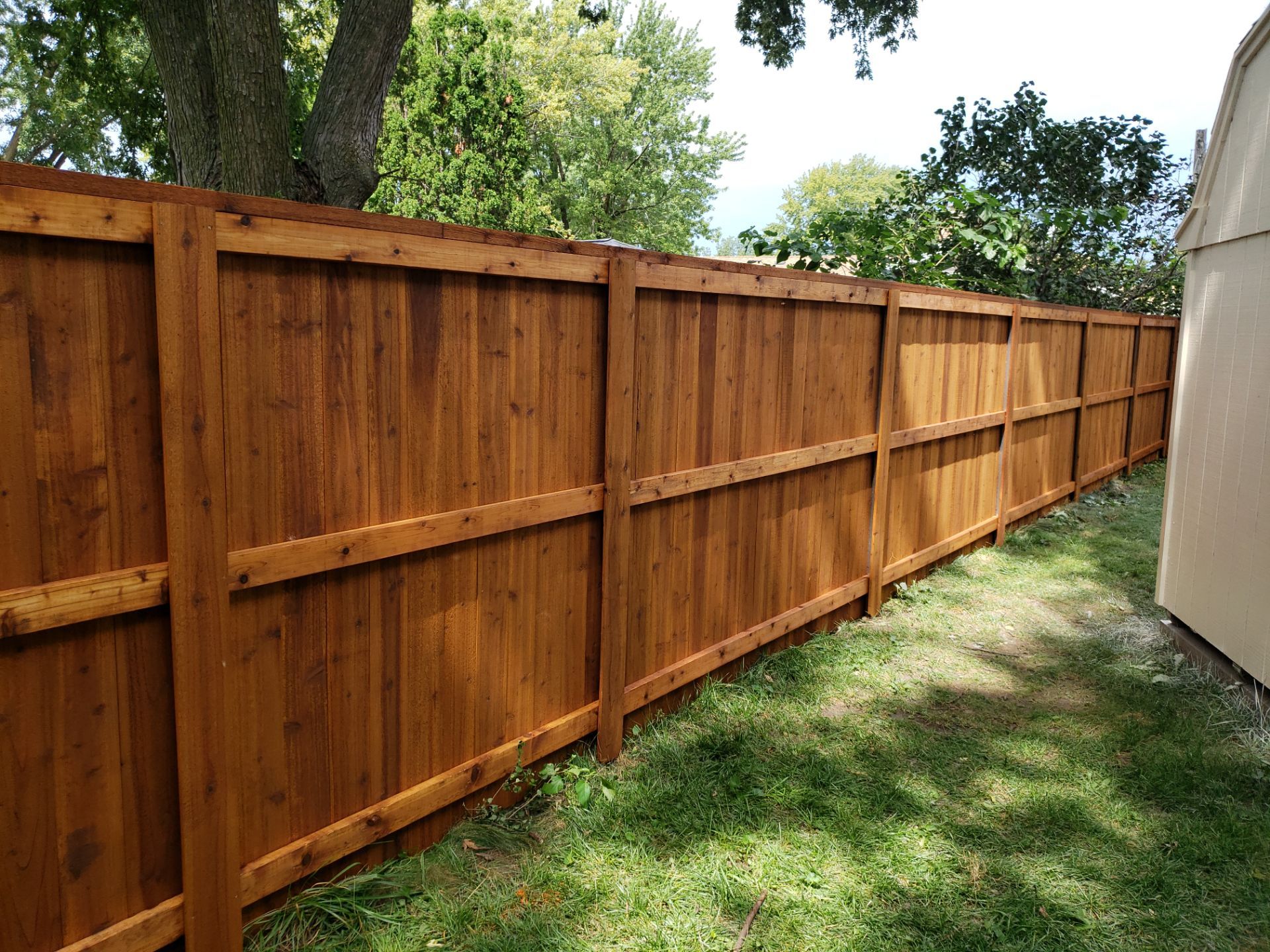 Custom Cedar Privacy Fence with Decorative Gate Windows in Cedar Falls by Perfect Picket Fence and Stain