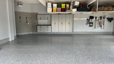 Matt N. took his garage to the next level with our Domino floor and cabinets